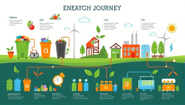 A dynamic infographic depicting the journey of organic waste from collection to energy conversion, with vibrant illustrations of waste bins, recycling facilities, and energy generation processes, illustrating the concept of circular economy and renewable energy production.
