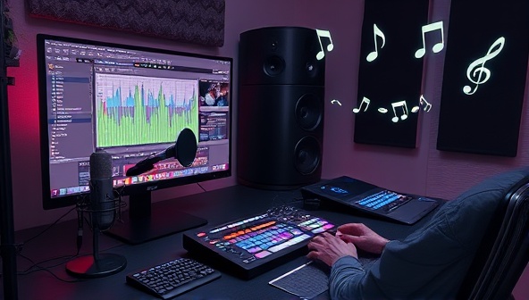 A digital studio setup featuring music production software on a computer screen, a microphone, MIDI controller, and studio headphones, a producer providing feedback on a project, and creative music notes floating in the background, symbolizing the art and technicality of music production in a virtual environment.