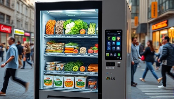 A sleek and modern vending machine displaying a variety of fresh ingredients behind glass compartments, with a touch screen interface for customers to customize and order their meals, set against a bustling urban backdrop, illustrating convenience and choice in on-the-go dining.