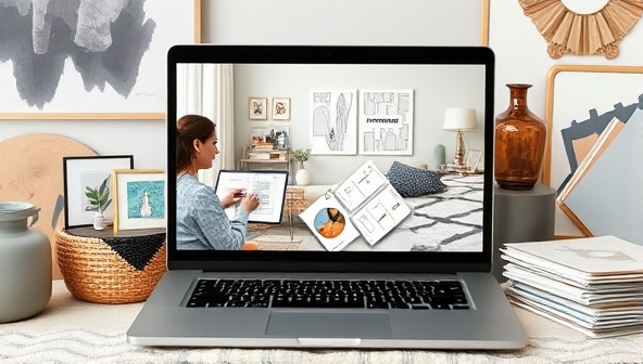 A virtual interior design consultation session on a laptop screen, showing a designer sharing digital mood boards and layout plans with a client, surrounded by stylish decor samples and color swatches.