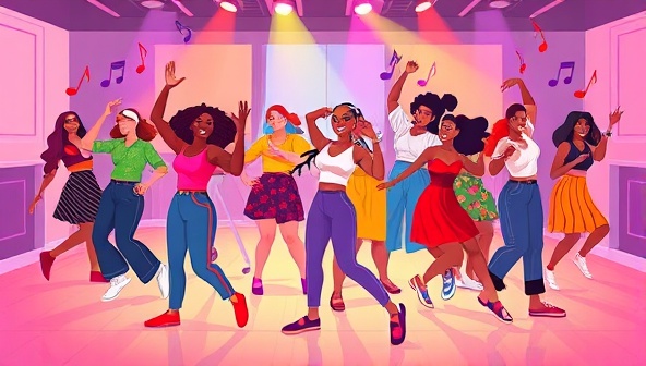 A colorful and energetic digital illustration of diverse virtual avatars dancing together in a virtual studio, following a lively choreography routine, surrounded by music notes and vibrant lights, exuding joy, movement, and unity in the RhythmicMoves Studio experience.