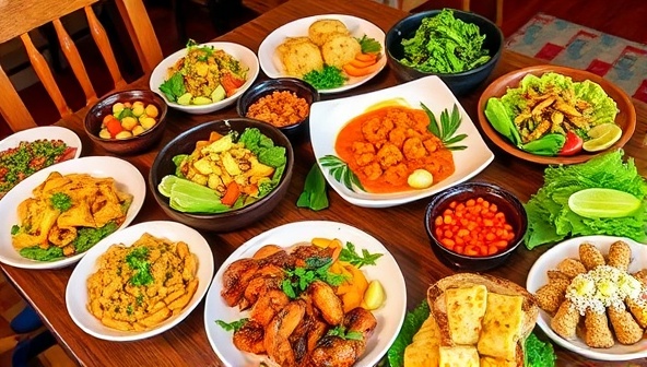 A vibrant and colorful dining setting with a diverse array of dishes on the table, showcasing the fusion of farm-fresh ingredients and global flavors, creating a visually appealing and appetizing atmosphere.