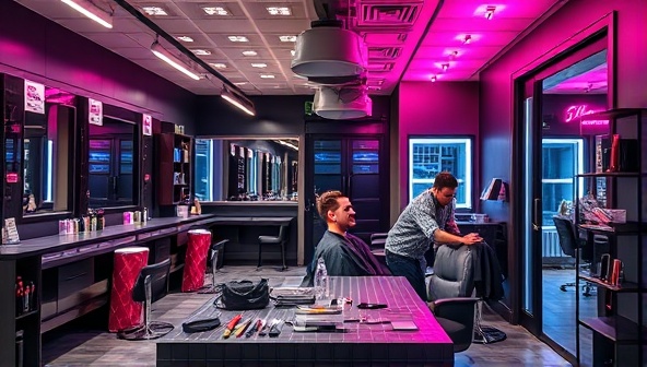A modern and stylish barbershop interior with sleek grooming stations, tech repair tools neatly displayed on a counter, a customer enjoying a haircut while their device is being fixed by a technician, and a vibrant neon sign outside the shop displaying 