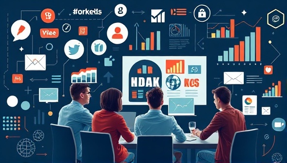 A dynamic and data-driven image featuring digital marketing elements such as social media icons, analytics graphs, target audience personas, and creative ad designs, with a diverse team brainstorming marketing strategies in a virtual meeting, symbolizing the essence of online marketing strategy consulting for growth and success in the digital landscape.