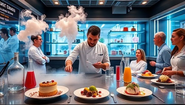 A futuristic dessert laboratory setup featuring a chef using liquid nitrogen to create smoking and sizzling dessert concoctions, with guests watching in awe as colorful desserts are plated artistically, surrounded by test tubes, beakers, and molecular gastronomy tools, evoking a whimsical and scientific dessert experience.