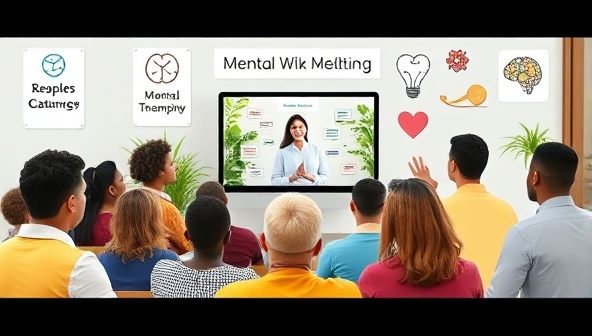 A diverse group of individuals engaging in a virtual mental health workshop, with a therapist leading the session on-screen, surrounded by supportive messages and symbols of mental well-being, promoting inclusivity and community.