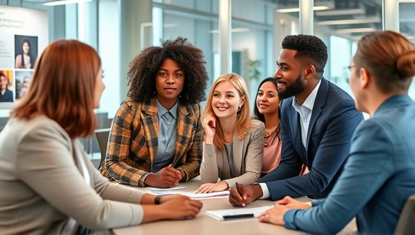 A diverse group of professionals engaged in a training session, depicting inclusivity and collaboration in a corporate setting, with visuals representing different cultures and identities.