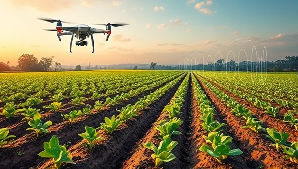 A futuristic farm landscape with drones hovering above crops, IoT sensors integrated into the soil, and a centralized control hub displaying real-time data analytics, illustrating the concept of high-tech farming.