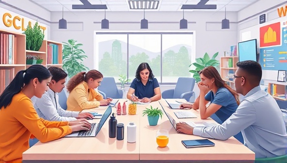 An artistic representation of a virtual workshop environment with students engaging in hands-on activities like coding, designing, and collaborating with instructors, fostering a creative and educational atmosphere.