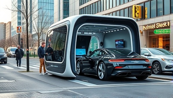 An urban street scene showcasing a sleek and futuristic car maintenance pod with a customer interacting with the interface, highlighting the convenience and modernity of the service.