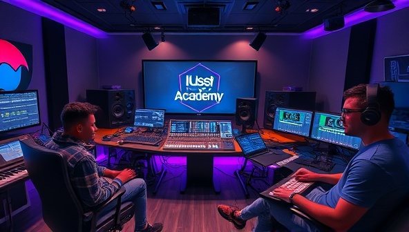 An immersive visual of a virtual music production studio environment, with aspiring producers interacting with virtual instruments, mixing tracks on digital interfaces, and receiving feedback from industry professionals, capturing the essence of MelodyMakers Academy as a hub for music production education and creativity.