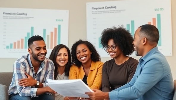 A diverse group of individuals engaging in a financial coaching session, with charts and graphs illustrating financial progress in the background, conveying empowerment and growth.
