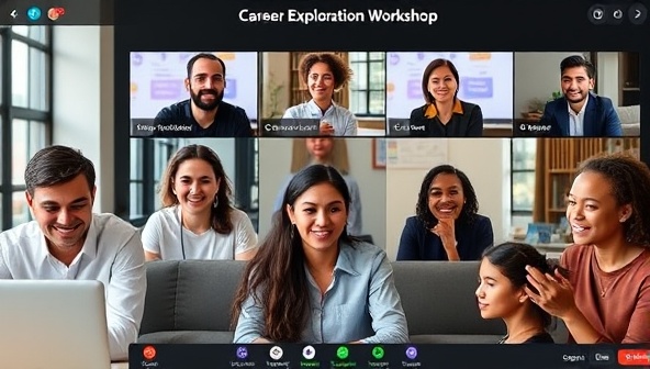 An engaging webinar scene featuring a diverse group of students participating in a virtual career exploration workshop, with industry professionals sharing insights and advice on different career paths, highlighting the interactive and informative nature of CareerQuest's events.