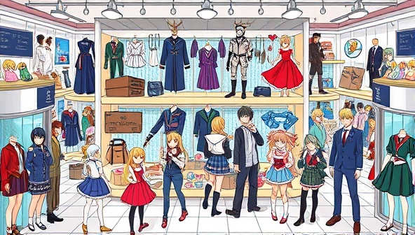 An illustrative scene featuring a diverse array of cosplay costumes, props, and accessories displayed on a digital marketplace platform, surrounded by vibrant character illustrations and cosplay enthusiasts interacting in a dynamic online community, capturing the essence of creativity and expression in cosplay culture.