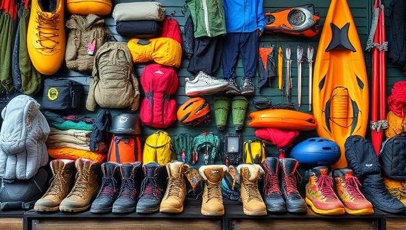 A diverse collection of adventure gear displayed in an organized and visually appealing manner, including hiking boots, tents, kayaks, and climbing equipment, evoking a sense of excitement and readiness for outdoor exploration.
