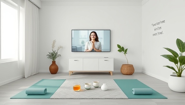 A serene and calming virtual consultation room with a variety of wellness elements like yoga mats, herbal teas, inspirational quotes, and a digital screen displaying a live session with a wellness practitioner, creating a peaceful and supportive environment for health consultations.