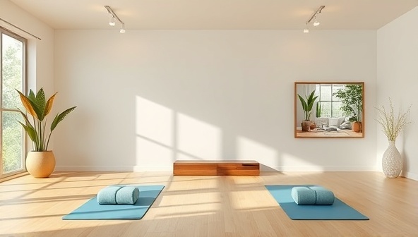 An online platform showcasing a serene virtual retreat space with calming colors, yoga mats, and digital screens displaying wellness workshops, inviting viewers to join a peaceful and rejuvenating experience.