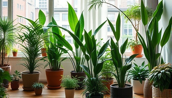 An urban oasis scene featuring a cozy living room filled with lush green plants in stylish pots, bathed in natural sunlight streaming through the windows, creating a serene and refreshing atmosphere that highlights the beauty and benefits of indoor plants in home decor.