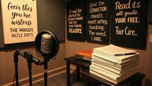 A cozy recording studio setup with a microphone, soundproof walls adorned with inspirational quotes, and a stack of handwritten story scripts, exuding creativity and storytelling magic.