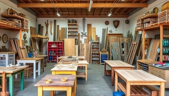 A vibrant workshop space filled with upcycled furniture, art installations, and decor pieces made from reclaimed construction materials, showcasing the creativity and sustainability of RePurpose ReBuild's upcycling workshops.