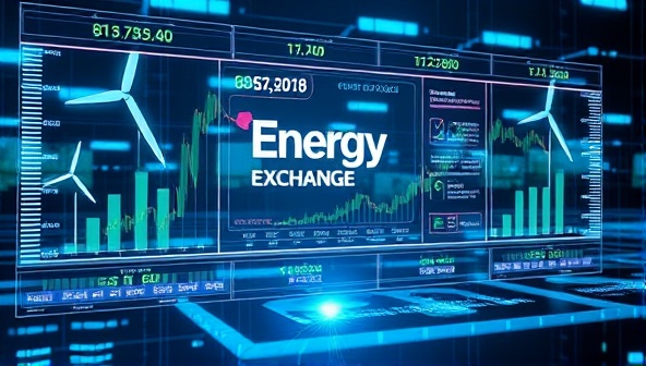 An artistic depiction of a digital energy exchange platform with renewable energy symbols and trading graphs, representing the transparent and dynamic marketplace of Energy Exchange Hub in a futuristic and eco-friendly setting.