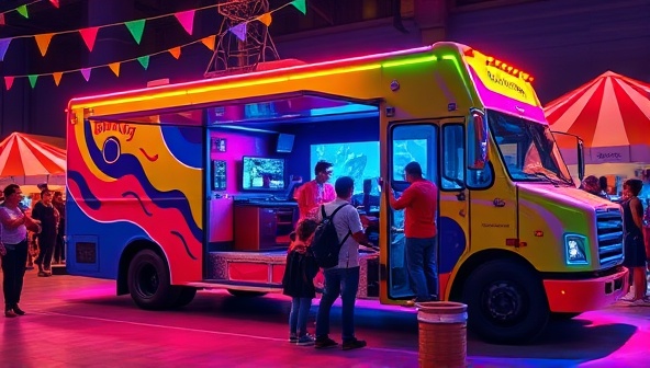 An eye-catching visual of a vibrant and colorful gaming truck parked at a party venue, with kids and adults enjoying multiplayer games and virtual reality experiences inside the mobile setup, illustrating the excitement and entertainment value of the service.