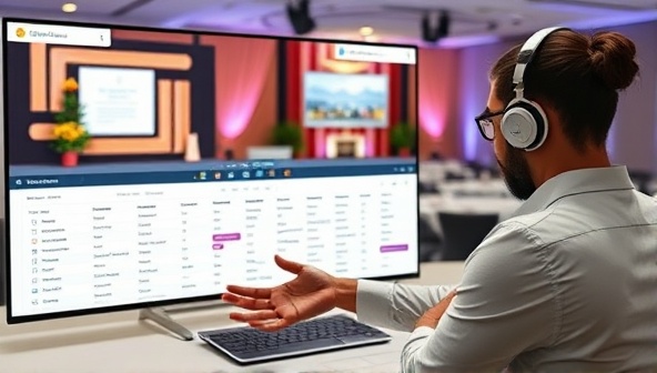 An event planner virtually coordinating a virtual conference setup, reviewing guest lists and event schedules on a digital dashboard, with virtual event props and decorations in the background, creating a dynamic and organized event planning atmosphere.