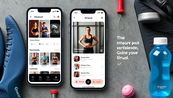 An interactive fitness app interface displaying workout videos, progress trackers, and coach feedback options, accompanied by fitness equipment, water bottles, and motivational quotes, creating a dynamic and supportive virtual fitness coaching experience.