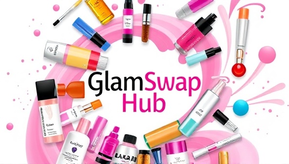 An eye-catching digital illustration of beauty products swirling in a circular motion, symbolizing the dynamic exchange and diversity of products available on GlamSwap Hub, creating a vibrant and engaging visual representation of the platform.