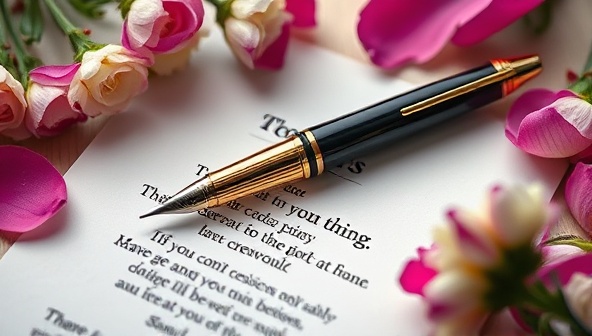An elegant pen resting on a parchment paper with a beautifully crafted poem, surrounded by delicate flower petals, evoking a sense of artistry and personalized touch in poetic creations.