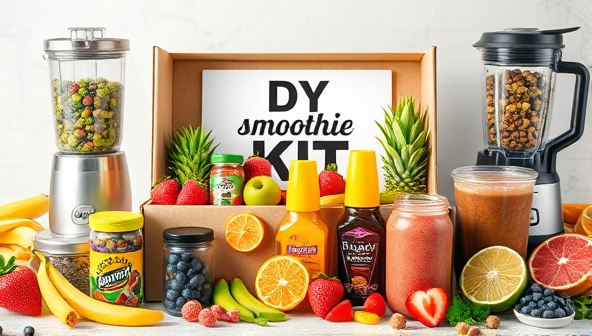 A colorful array of fresh fruits, superfoods, and toppings neatly arranged in a DIY smoothie kit box, surrounded by blending equipment and vibrant smoothie creations, evoking a sense of creativity and health-conscious enjoyment.
