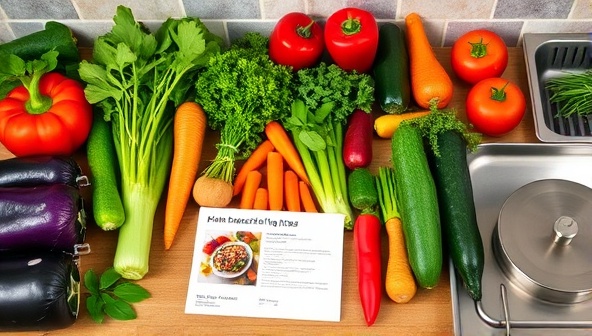 A vibrant kitchen scene featuring an array of fresh vegetables, herbs, and plant-based ingredients arranged neatly next to a recipe card and cooking utensils, highlighting the essence of the plant-based meal kit delivery service and the focus on healthy, sustainable meals.