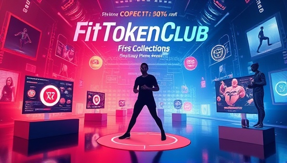 An artistic representation of the FitTokenClub platform showcasing digital fitness collectibles, exclusive NFT rewards, and virtual fitness events, combining blockchain technology with fitness experiences in a visually captivating and futuristic setting.