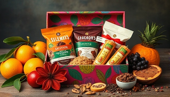 An enticing image of a beautifully arranged assortment of gourmet snacks in a vibrant, colorful box, surrounded by exotic fruits and spices, evoking a sense of culinary adventure and luxury.