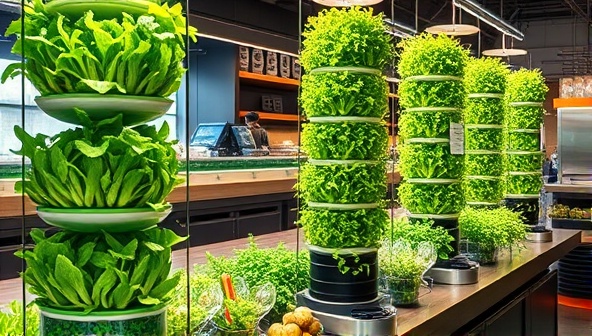 An urban salad bar setup with vibrant green hydroponic towers filled with fresh lettuce, herbs, and vegetables, creating a modern and sustainable dining experience for health-conscious customers.