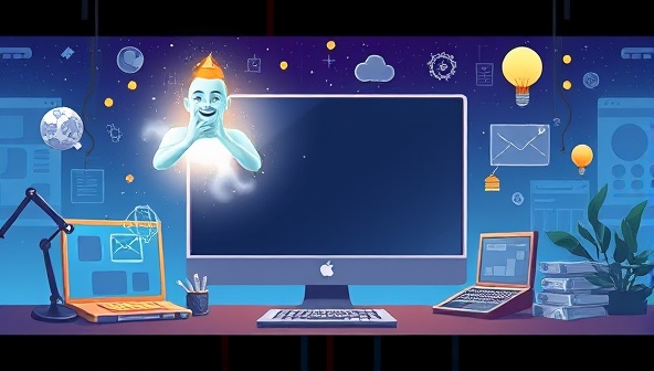 An illustration of a digital genie emerging from a computer screen, surrounded by various website design elements, symbolizing the magic and innovation of AI-powered custom web design.