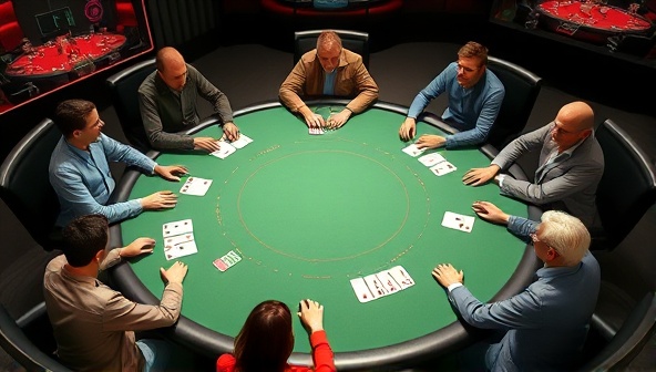 An interactive virtual poker table surrounded by digital avatars of players engaged in a coaching session, with virtual cards and chips, exuding a sense of community and competitive spirit.