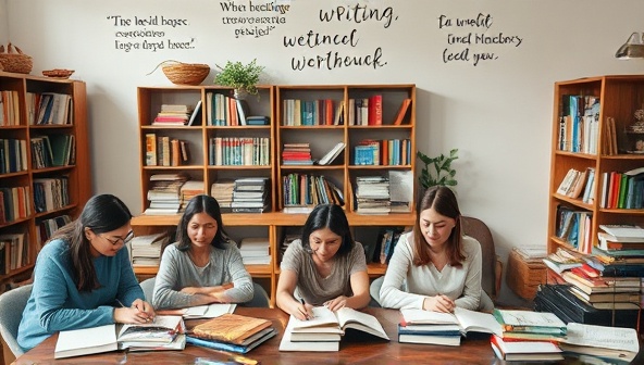 An online workshop setting with a diverse group of participants engaged in writing activities, surrounded by books, notebooks, and inspirational quotes, creating a vibrant and creative atmosphere characteristic of WriteWise Studios.