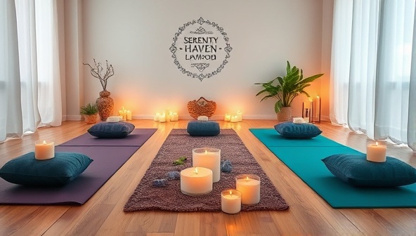 A tranquil wellness space featuring yoga mats, meditation cushions, healing crystals, and aromatic candles, creating a serene and inviting atmosphere that embodies the essence of Serenity Haven Hub.