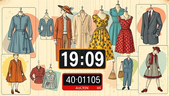 An artistic collage of vintage clothing items from different eras displayed on a digital platform, accompanied by retro graphics, fashion illustrations, and a dynamic auction countdown timer, capturing the essence of vintage style, nostalgia, and online excitement.