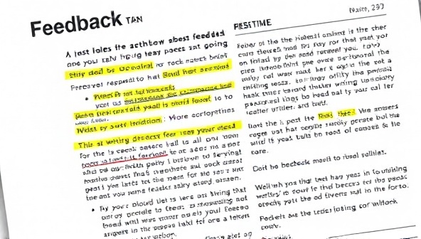 An image of a detailed feedback report with annotated writing samples, suggestions for improvement, and positive reinforcement, symbolizing professional and personalized writing feedback services for aspiring writers.