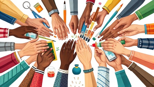 An artistic collage of diverse hands exchanging tools, paintbrushes, laptops, and other symbols of skills and knowledge, reflecting the dynamic and collaborative nature of SkillSwap Central.