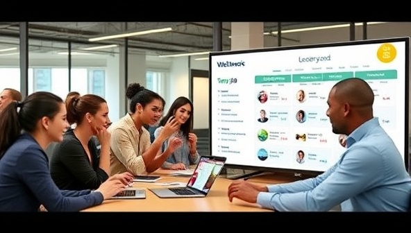 A diverse group of employees in a modern office setting actively participating in a wellness challenge, tracking their progress on the platform, celebrating achievements on a digital leaderboard, and engaging in team-building activities, illustrating the positive impact of WellnessWorks Challenge on employee health and workplace culture.