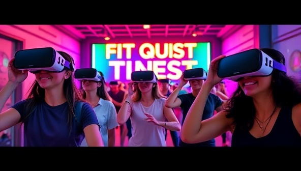 An exciting virtual reality scene showing users wearing VR headsets, immersed in a virtual fitness challenge environment with vibrant colors and futuristic elements, capturing the thrill and energy of the VR Fit Quest experience.