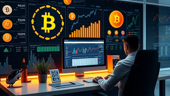 An innovative office setup with digital currency logos, blockchain symbols, financial charts, and a person analyzing crypto transactions on a computer screen, surrounded by futuristic technology elements, representing cutting-edge cryptocurrency accounting solutions.