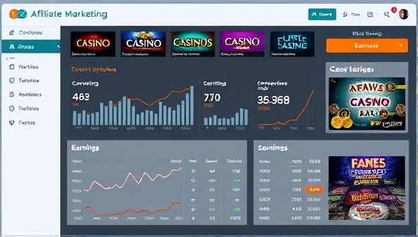 A sleek and modern dashboard interface displaying affiliate marketing performance metrics, conversion rates, and earnings, with casino logos and promotional banners in the background, showcasing the profitability and professionalism of the affiliate marketing platform.