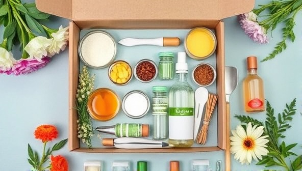 An artistic flat lay image showcasing a variety of colorful ingredients, glass jars, and mixing tools neatly arranged in a DIY beauty kit box, surrounded by fresh flowers and greenery, inspiring creativity and self-care through natural beauty formulations.