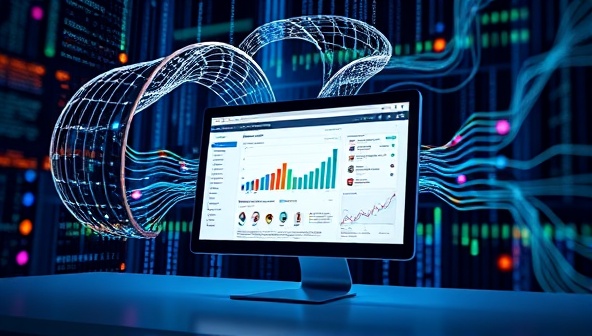 An artistic representation of data streams flowing into a computer screen displaying a website design dashboard, with colorful charts, graphs, and user personas blending into the design elements, illustrating the synergy between data analytics and personalized web design in DataCraft's services.