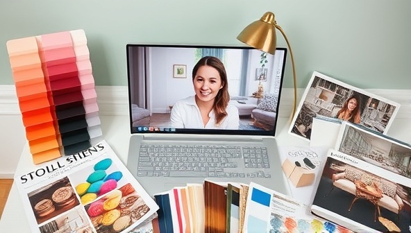 A virtual design consultation session with a designer and client interacting via video call, surrounded by color swatches, fabric samples, and interior design magazines, creating a stylish and collaborative atmosphere.