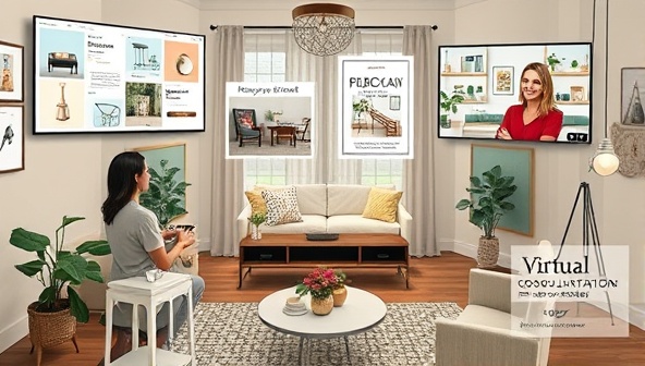 An artistic representation of a virtual interior design studio with digital mood boards, room layouts, and furniture selections displayed on screens, a designer consulting with a client on a video call, and a cozy room transformation visualized in real-time, capturing the essence of virtual design consultations.